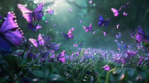 A group of purple butterflies fluttering around a lush green meadow, creating a whimsical and colorful scene