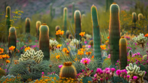 A group of various types of cacti in a vibrant desert landscape, with colorful flowers blooming around them