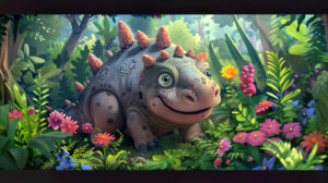 A jovial ankylosaurus chubby and smiling amid lively colorful flowers and plants in a cartoonish style is captured in the picture file named wallpaper.jpg