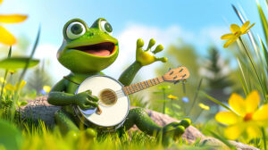 A joyful countryside scene with a cartoon frog strumming a banjo as the focal point