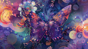 A joyous wallpaper featuring a purple butterfly adorned with whimsical designs set amidst a backdrop of vibrant abstract shapes