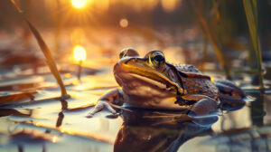 A lifelike frog with intricate skin textures perched near a pond under the warm golden glow of sunset in the wallpaper