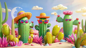 A lively desert wallpaper featuring cartoon cacti donning sunglasses and hats in a vibrant desert setting
