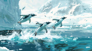 A lively moment captured as penguins leap synchronized causing a splash against an icy backdrop