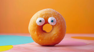 A lively wallpaper featuring a donut with googly eyes and a surprised look set against a colorful bold background