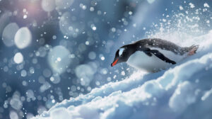 A lone penguin sliding on its belly down a snowy hill, with a joyful expression and ice crystals sparkling in the air