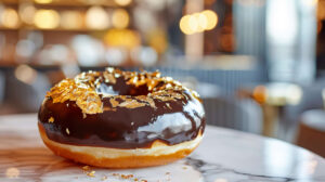 A luxurious donut topped with shiny chocolate ganache and gold leaf showcased in a sophisticated backdrop