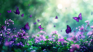 A magical wallpaper showcasing a cluster of purple butterflies swirling above a vibrant green meadow painting a whimsical and colorful picture