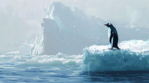 A majestic penguin stands proudly on a chunk of floating ice with a stunning glacier in the distance as captured in the wallpaper Penguin Glacial Majesty
