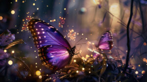 A mesmerizing wallpaper capturing a purple butterfly amidst twinkling fairy lights within a mystical forest backdrop can be found at the link provided