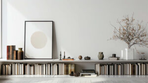 A minimalist bookshelf against a white wall, showcasing neatly arranged books and a few art pieces