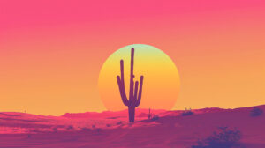 A minimalist design featuring a single cactus silhouette against a bright, gradient sunset background