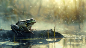 A misty swamp setting with a log and a frog capturing the soft light and mysterious ambiance can be seen in the wallpaper named A frog sitting on a log in a misty swamp.jpg