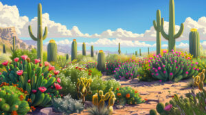 A mix of cacti stands in a lively desert scene with bright flowers in bloom. The scene captures the vibrant beauty of the desert environment