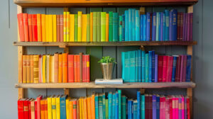 A modern bookshelf with clean lines, featuring books organized by color, creating a rainbow effect