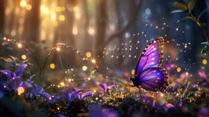 A mystical scene of a purple butterfly surrounded by sparkling fairy lights in a magical forest setting