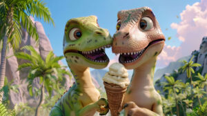 A pair of cute dinosaur siblings sharing an ice cream cone, with a scenic background of palm trees and mountains