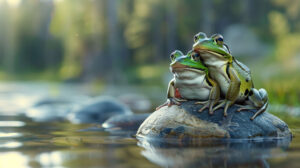 A pair of frogs sitting side by side on a rock, enjoying the view of a peaceful pond