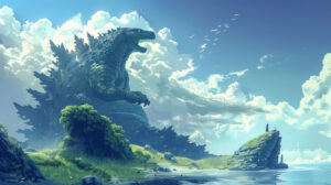 A peaceful scene of Godzilla resting on a remote island, with birds perched on its back and a tranquil sea