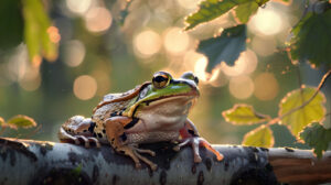 A peaceful wallpaper featuring a frog perched on a branch bathed in gentle sunlight filtering through the leaves above