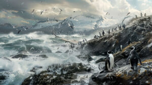 A penguin colony on a rocky shoreline, with waves crashing and seagulls flying overhead
