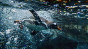 A penguin diving into the crystal clear water, with bubbles trailing behind and fish swimming below