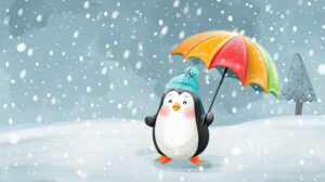 A penguin from a cartoon with a vibrant umbrella stands amidst a soft snowfall. This could make a charming wallpaper