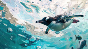 A penguin gracefully plunges into the pristine water leaving a trail of bubbles as fish gracefully swim below in the background