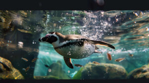 A penguin gracefully plunges into the pristine water with bubbles streaming behind and fish gliding beneath captured in Penguin Dive.jpg
