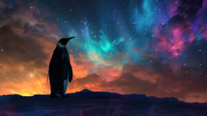 A penguin silhouette contrasting with the Northern Lights vibrant colors lighting up the night sky is captured in Penguin at Night.jpg