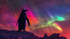 A penguin silhouette set against the Northern Lights vibrant colors lighting up the night sky in the filename penguin northernlights.jpg