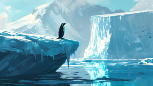 A penguin standing proudly on a chunk of floating ice, with a majestic glacier in the distance
