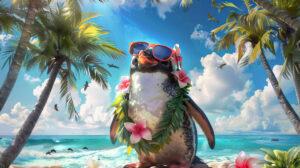 A penguin wearing sunglasses and a Hawaiian lei, lounging on a tropical beach with palm trees