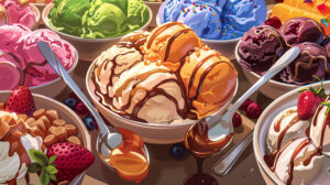 A picturesque wallpaper capturing the process of scooping ice cream into a bowl surrounded by an assortment of toppings like caramel sauce nuts and fruit awaiting their turn