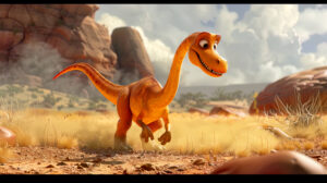 A playful cartoon Diplodocus with a lengthy twisty tail forming amusing shapes in the air as it frolics