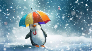 A playful cartoon penguin with a vibrant umbrella enjoys a serene snowfall scene captured in penguin umbrella snowfall.jpg