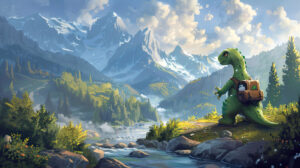 A playful dinosaur sporting a backpack poised for exploration stands with mountains and rivers in the background in the wallpaper.jpg