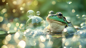 A playful frog blowing bubbles, with bubbles floating around and reflecting the light