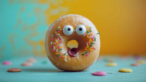 A playful image of a donut with googly eyes and a surprised expression, set against a vibrant, contrasting background