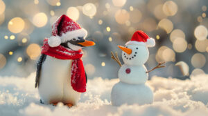 A playful penguin sporting a vibrant red scarf and a festive Santa hat is seen beside a miniature snowman that it created in the snow