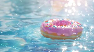 A playful pool scene featuring a floating donut a donut shaped pool toy and a vibrant summer sun