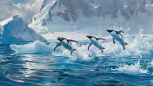 A playful scene of penguins leaping out of the water in unison, creating a splash against a backdrop of icebergs