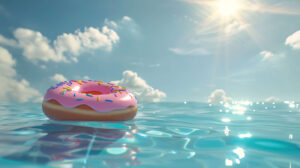 A playful sight of a donut drifting in a pool accompanied by a donut shaped pool toy under the vibrant summer sun seen in wallpaper format as donut float pool wallpaper.jpg