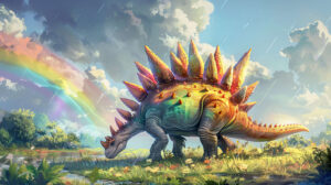 A playful stegosaurus with pastel colored plates on its back, frolicking in a grassy field under a rainbow