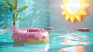 A playful view capturing a donut floating in a pool accompanied by a donut shaped pool toy under the vibrant summer sunshine
