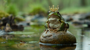 A playful wallpaper featuring a frog sporting a tiny crown perched on a rock resembling a majestic throne