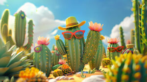 A playful wallpaper featuring cartoon cacti in sunglasses and hats set against a vibrant desert backdrop