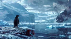A proud penguin perched on a floating ice chunk with a majestic glacier in the background. The scenery is captured in the wallpaper Penguin Glory.jpg