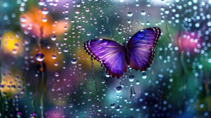 A purple butterfly framed by raindrops on a window, with a blurred garden visible outside