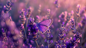 A purple butterfly gracefully merges with the lavender fields purple tones in this stunning wallpaper
